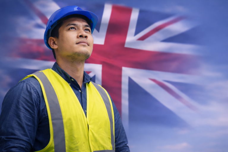 Portrait of a Filipino construction worker in a blue hard hat and yellow safety vest, standing in front of a blurred Union Jack flag. The worker gazes upward confidently, with vibrant colors and exceptional clarity.