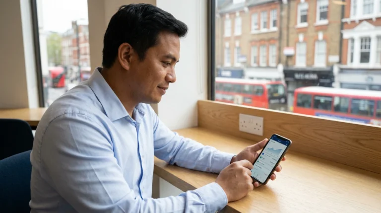 Filipino professional in the UK reviewing financial information on a smartphone while building credit history