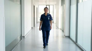 Filipino nurse in NHS uniform walking through hospital corridor in the UK