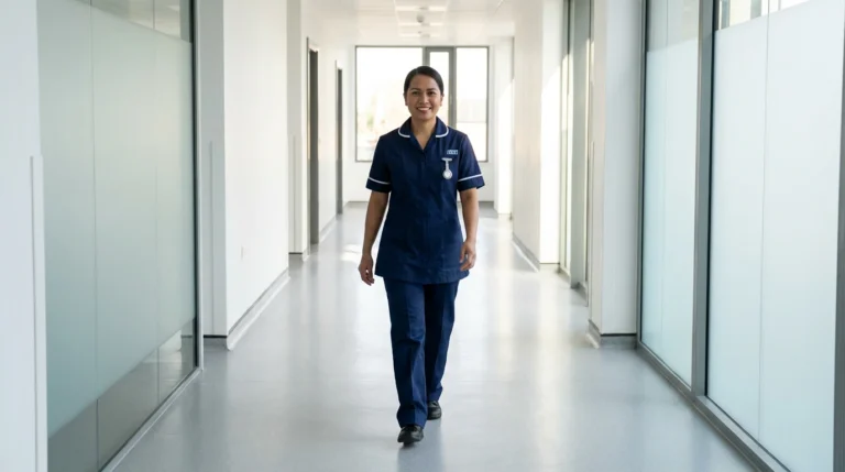 Filipino nurse in NHS uniform walking through hospital corridor in the UK