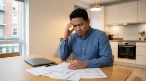 Filipino worker in the UK reviewing bank statements and financial expenses