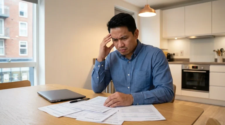 Filipino worker in the UK reviewing bank statements and financial expenses