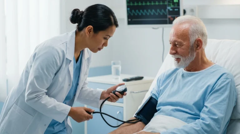 A Filipino nurse checking the blood pressure of a patient in a UK hospital