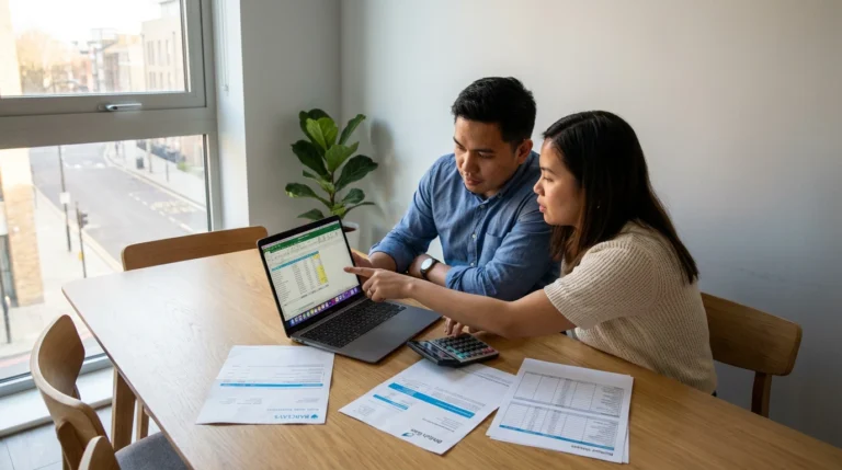 Filipino couple in the UK reviewing household finances and budgeting for responsible lending