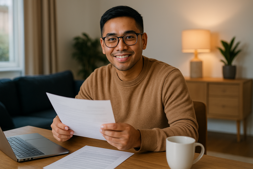 Happy man with all of his First UK loan requirements